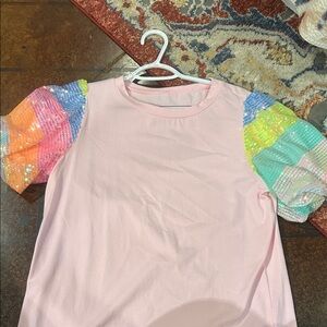 Pink Kids Shirt with Rainbow Sequin Sleeves
